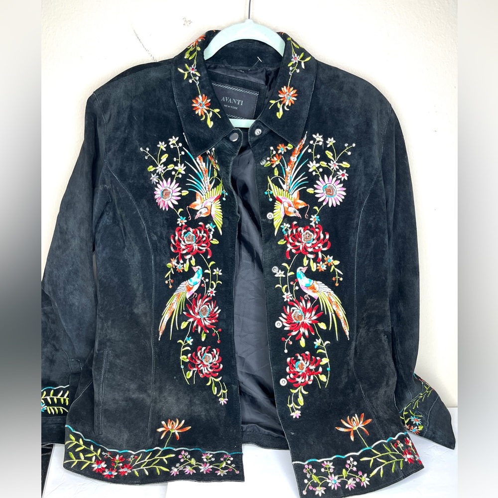 Avanti  New York Black Genuine Leather Suede Embroidered Snap Front Jacket